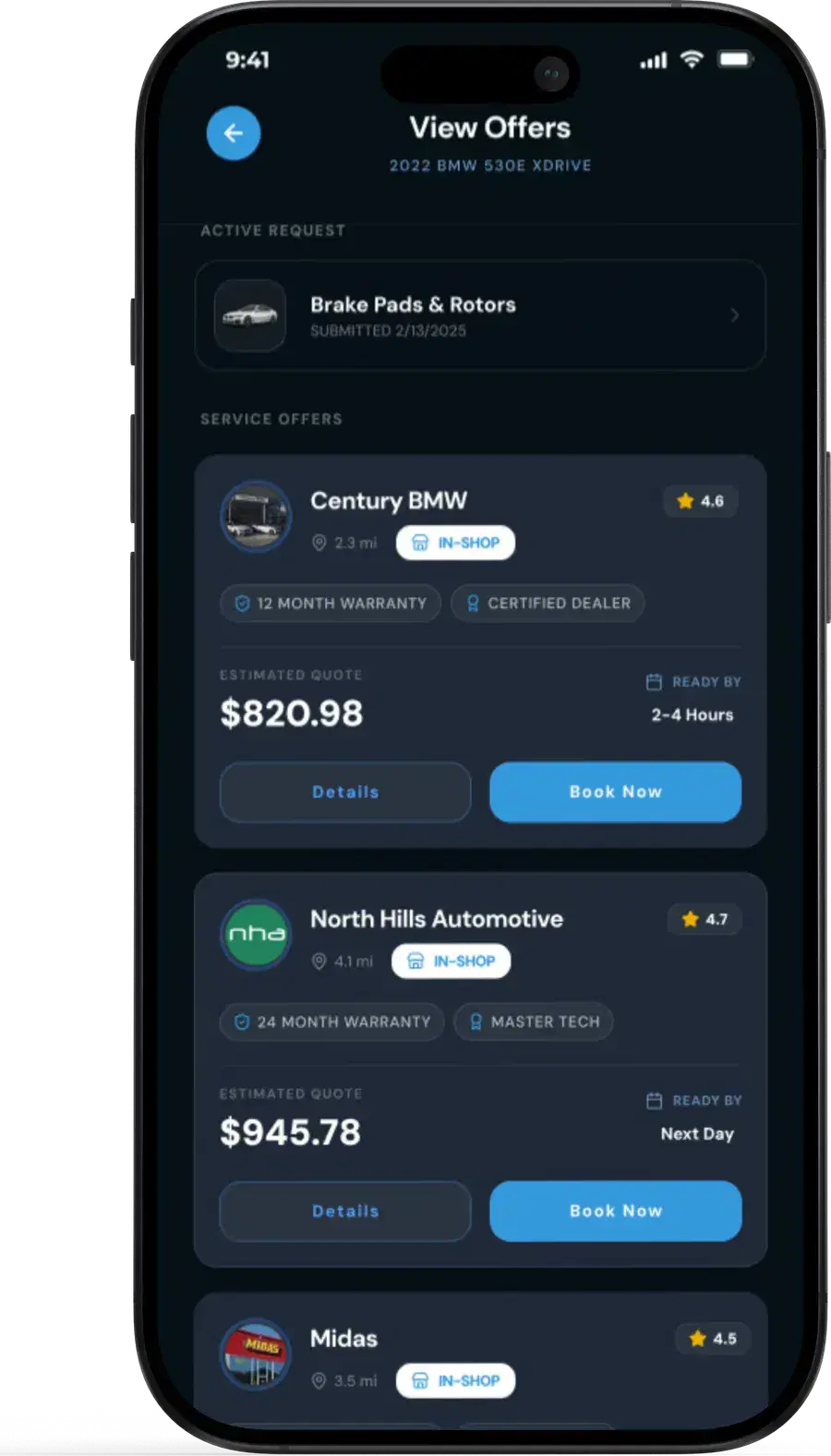 The Fixxr app showing competing repair offers from local shops
