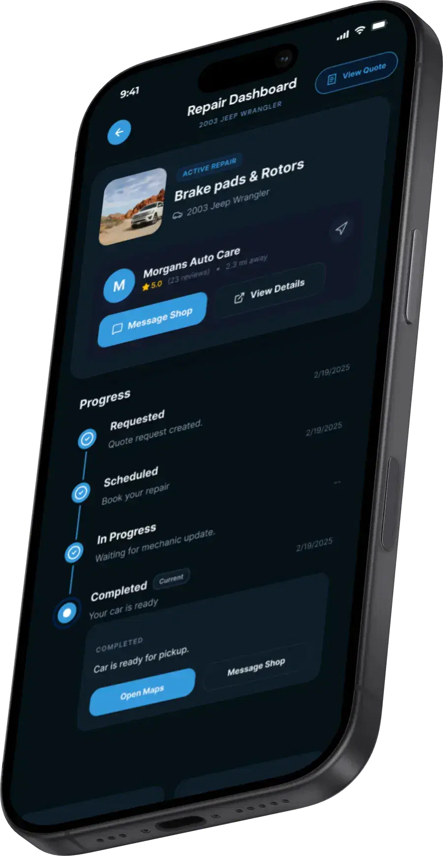 The Fixxr app tracking a repair through requested, scheduled, in progress, and completed