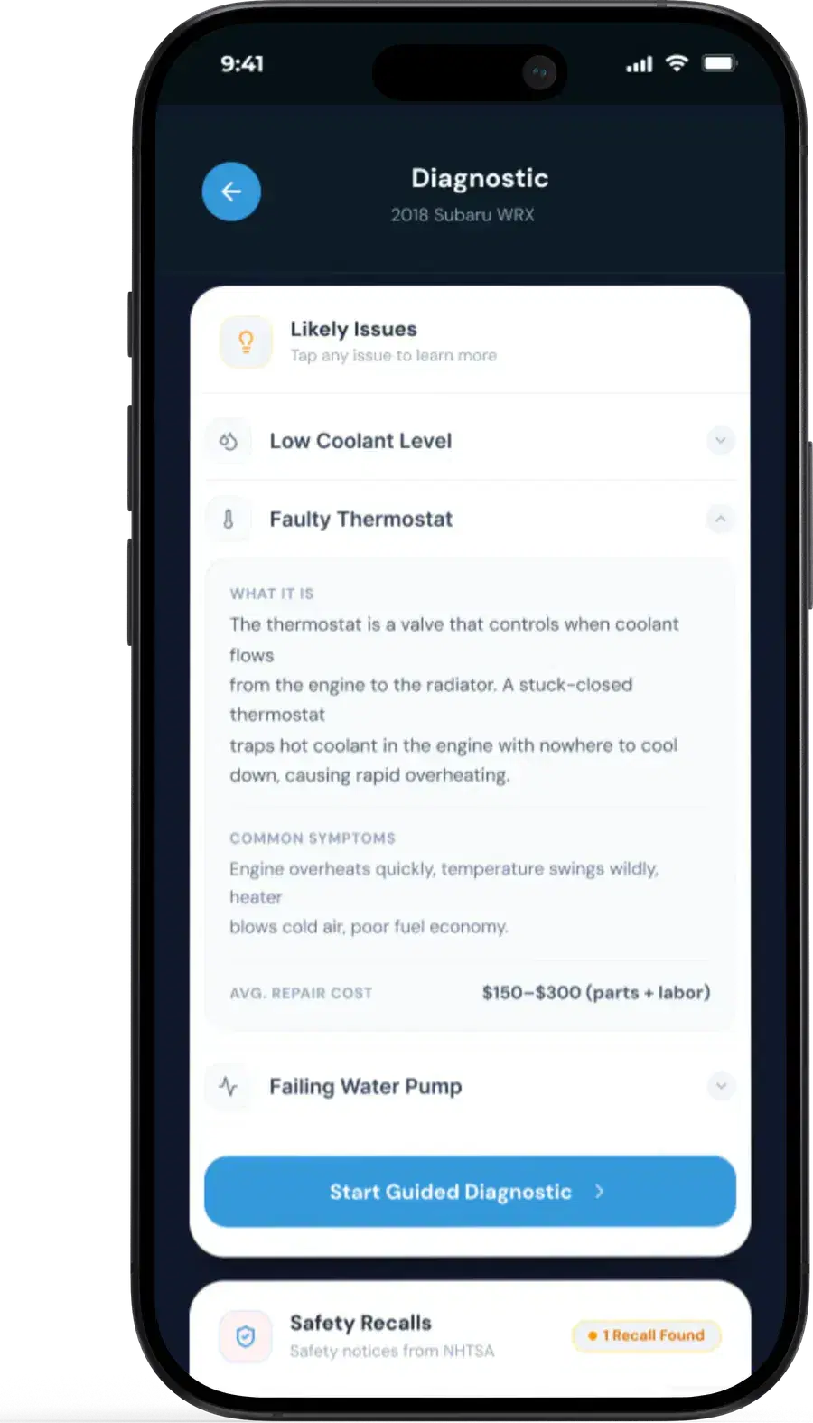 The Fixxr app showing the likely issues from a diagnostic