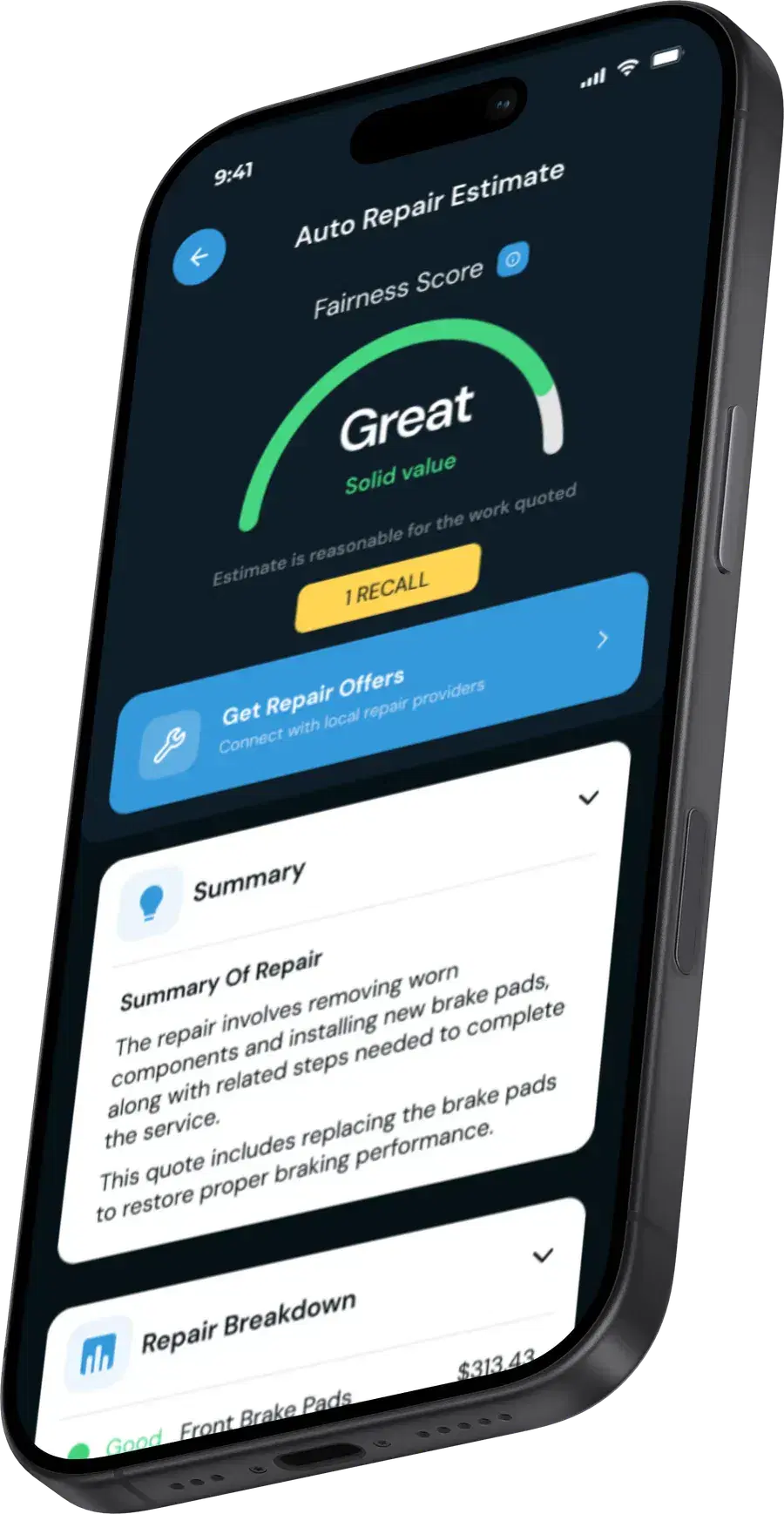 The Fixxr app showing a repair estimate with a Great fairness score