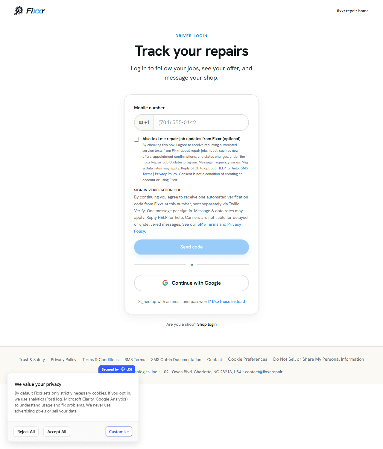 Screenshot of fixxr.repair/login showing the mobile number field, the unchecked optional repair-job updates checkbox with its SMS disclosure, the verification-code consent language, and the Continue with Google alternative