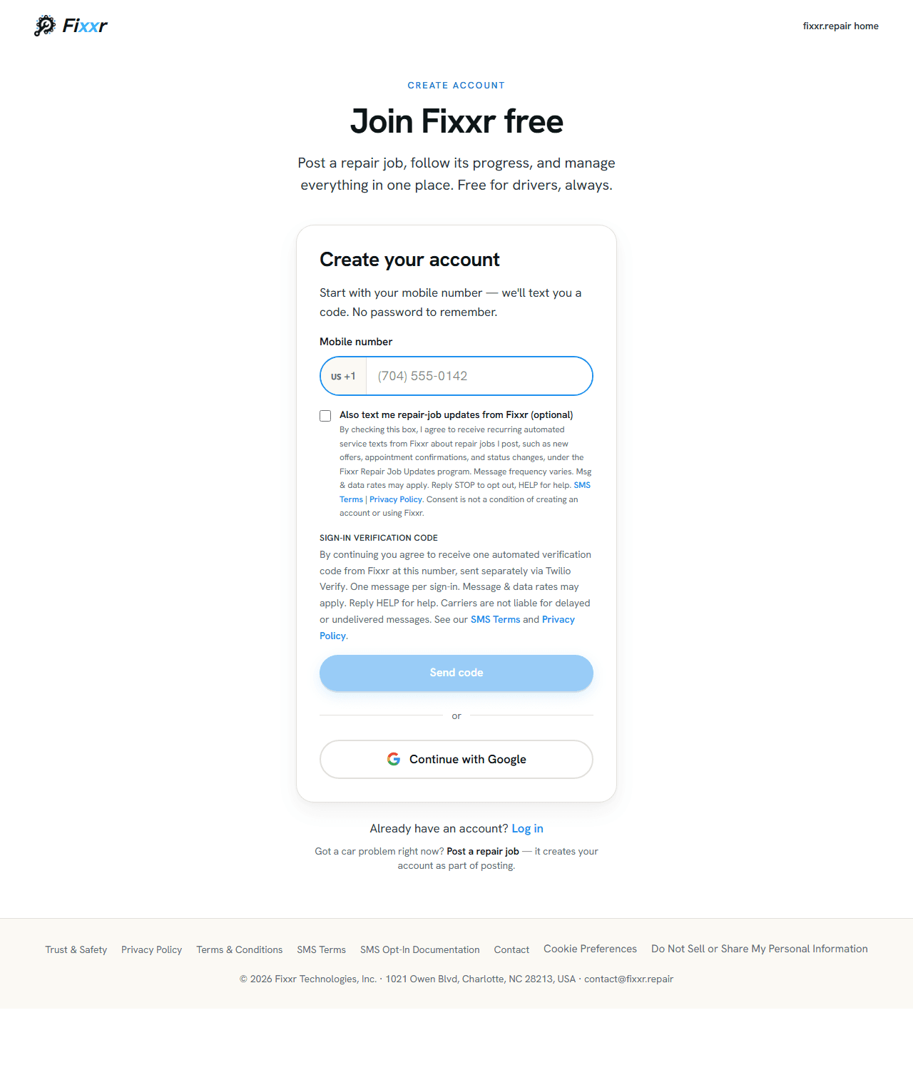 Screenshot of fixxr.repair/signup showing the same SMS consent flow: mobile number field, unchecked optional updates checkbox, and verification-code consent language
