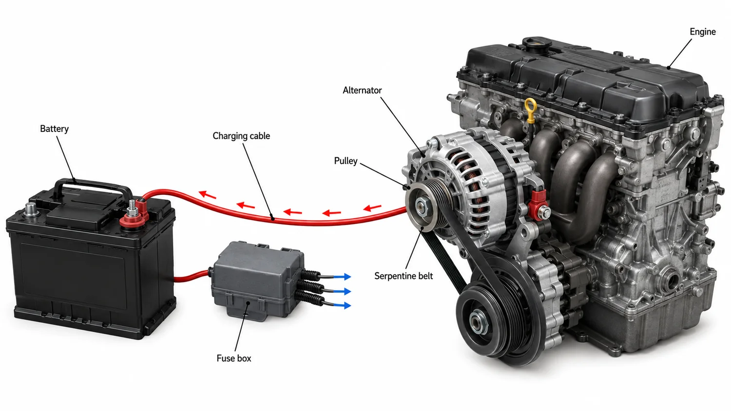 Diagram of a car charging system showing the belt-driven alternator on the engine sending current through the charging cable to the battery, which feeds the fuse box and the vehicle's electronics, for the 2018 Toyota Camry alternator