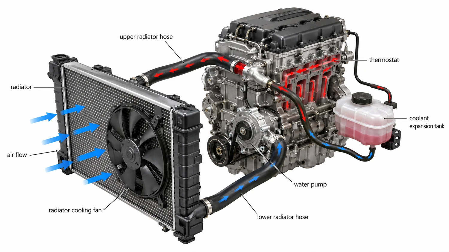 Diagram of an engine cooling system showing how coolant flows from the engine through the thermostat and upper hose to the radiator, where the fan cools it, then back through the lower hose and water pump to the engine, for the 2014 GMC Sierra 1500 radiator