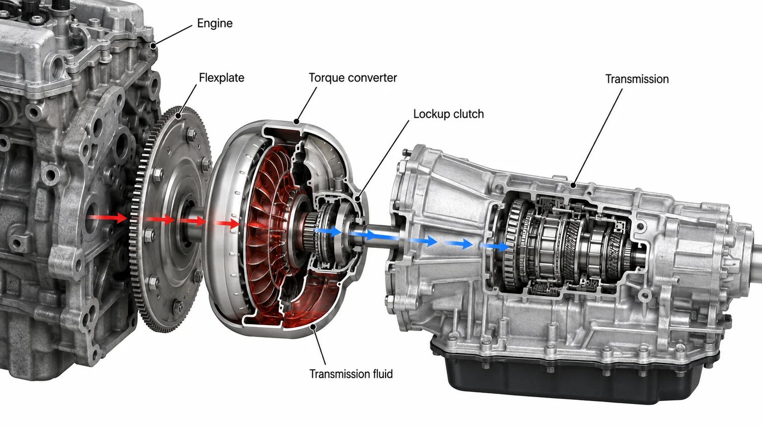 Diagram of a torque converter in cutaway between the engine flexplate and the automatic transmission, showing the fluid coupling and lockup clutch, for the 2014 GMC Sierra 1500 torque converter replacement